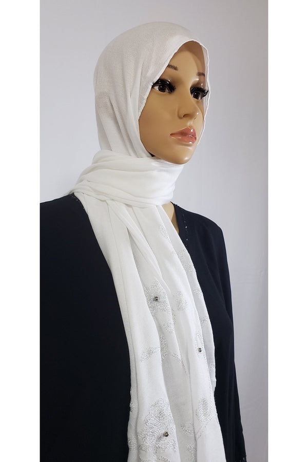 Women white long shawl hijab.